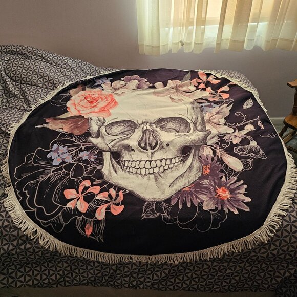Round Floral Skull Print Blanket/Beach Towel/Tablecloth W Fringe 60" Terrycloth - Picture 2 of 4